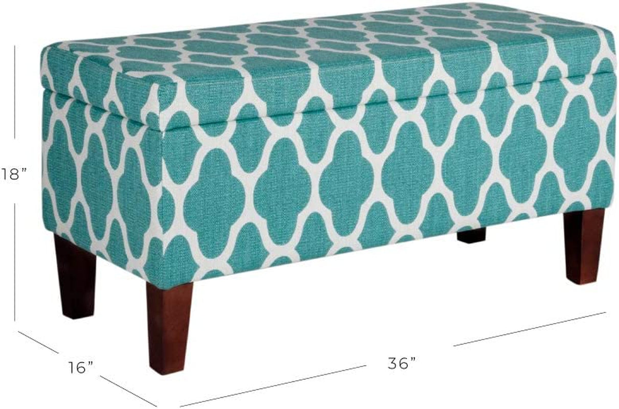 Large Teal Blue Geometric Upholstered Rectangular Storage Ottoman Bench with Hinged Lid