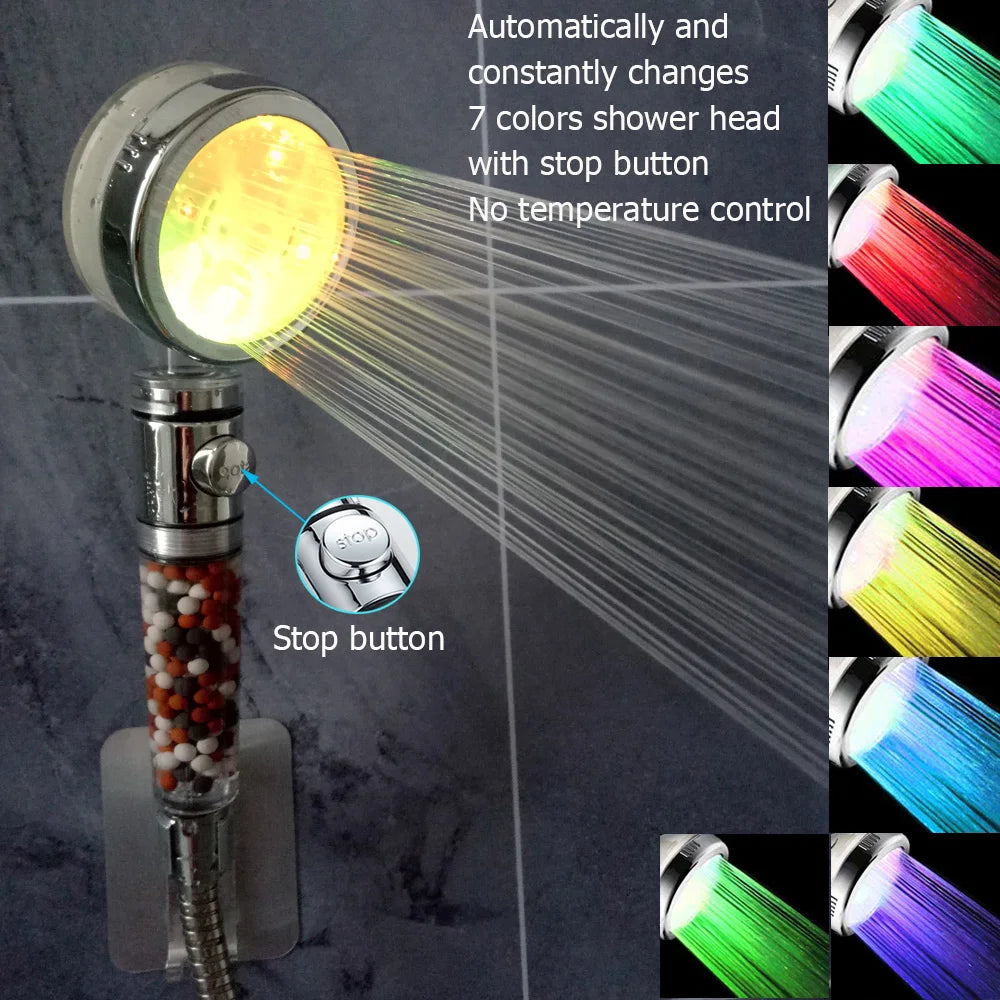 LED Shower Head High Pressure Anion Filter Water Saving Showerhead Temperature Control Colorful Light Handheld Big Rain Shower