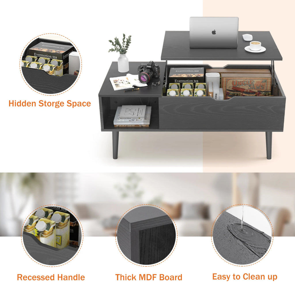 Adjustable Lift-Top Coffee Table with Storage Shelf - 39.37" x 19.7" Wooden Dining and Living Room Desk