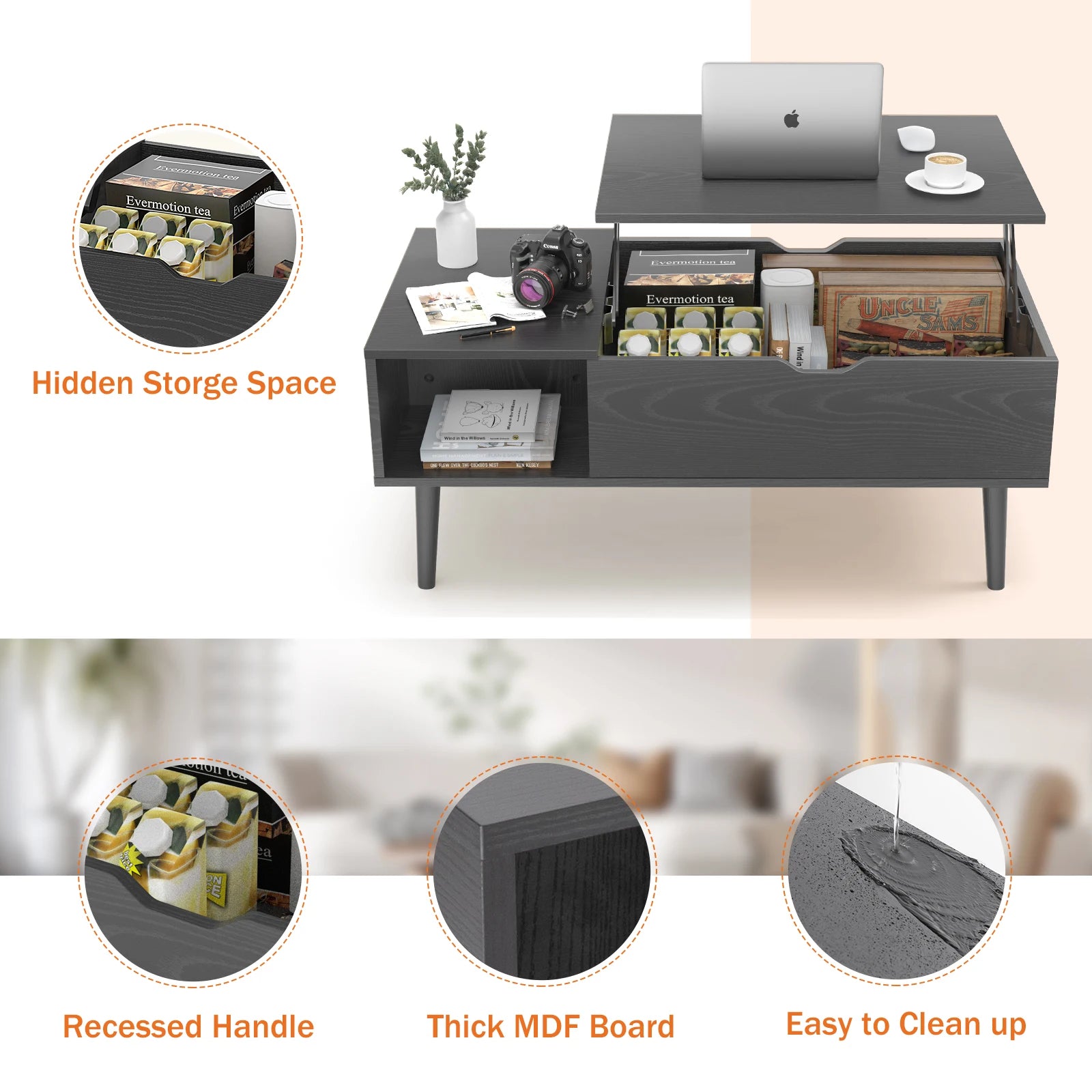 Adjustable Lift-Top Coffee Table with Storage Shelf - 39.37" x 19.7" Wooden Dining and Living Room Desk