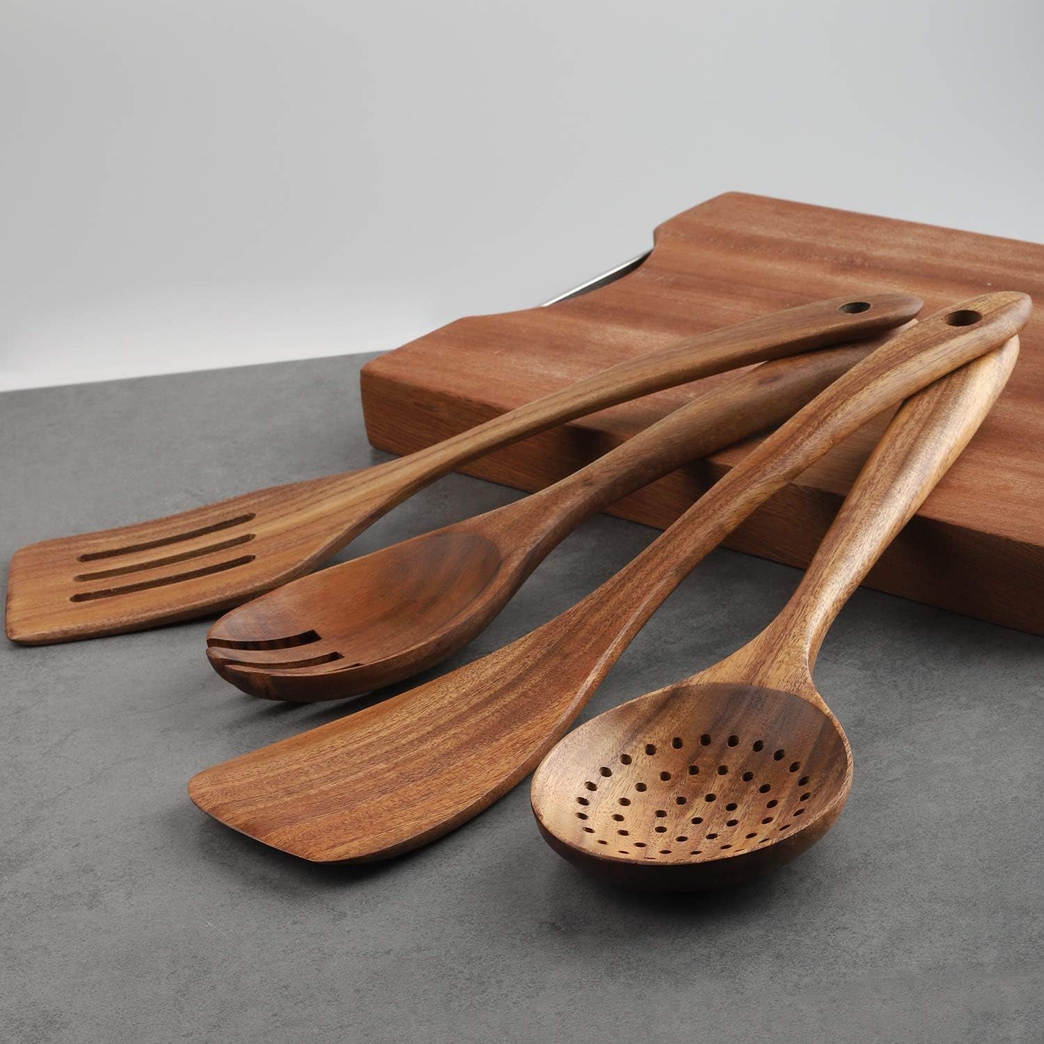 4-Piece Wooden Cooking Utensil Set for Non-Stick Cookware - Includes Spatula, Fork, Turner, Ladle, and Strainer Spoons