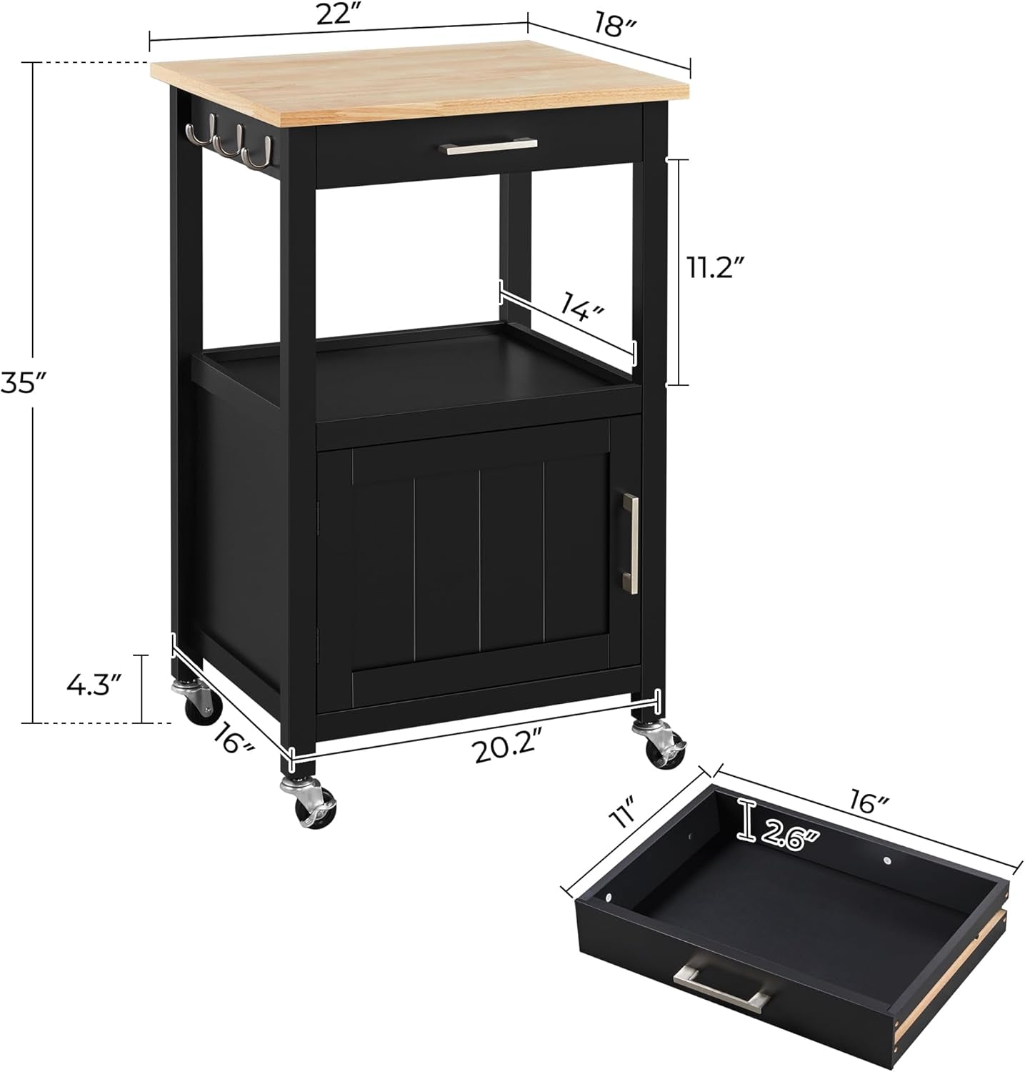 Kitchen Island Cart with Storage, Rolling Kitchen Island on Wheels with 6 Side Hooks, Wood Top Microwave Cart with Drawer for Dining Room, Black
