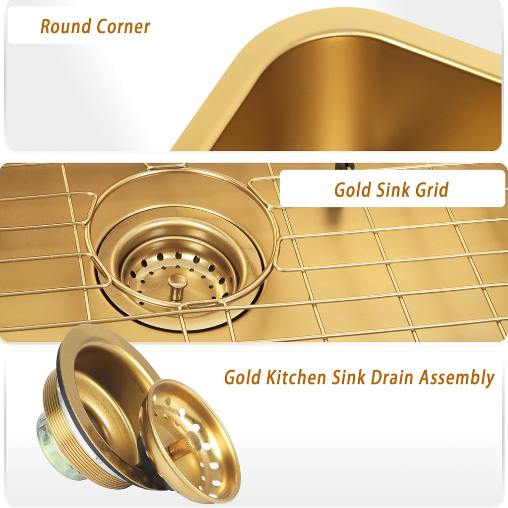 Gold Kitchen Sink 30 Inch, SUS304 Stainless Steel Undemount Kitchen Sinks, 30" X 18" X 9" Large and Deep Single Bowl Kitchen Sinks with Grid and Sink Drain Assembly