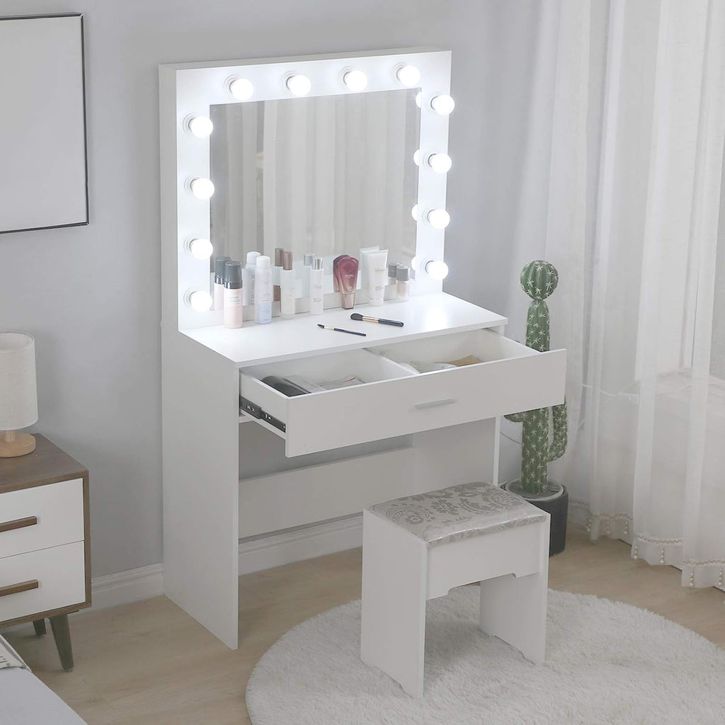 Makeup Vanity Set with 12-Light Mirror, Desk, Drawers, and Chair in Black/White Finish