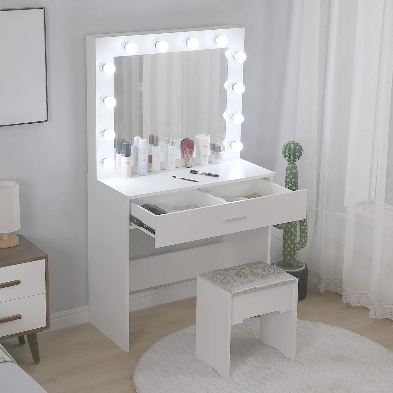 Makeup Vanity Set with 12-Light Mirror, Desk, Drawers, and Chair in Black/White Finish