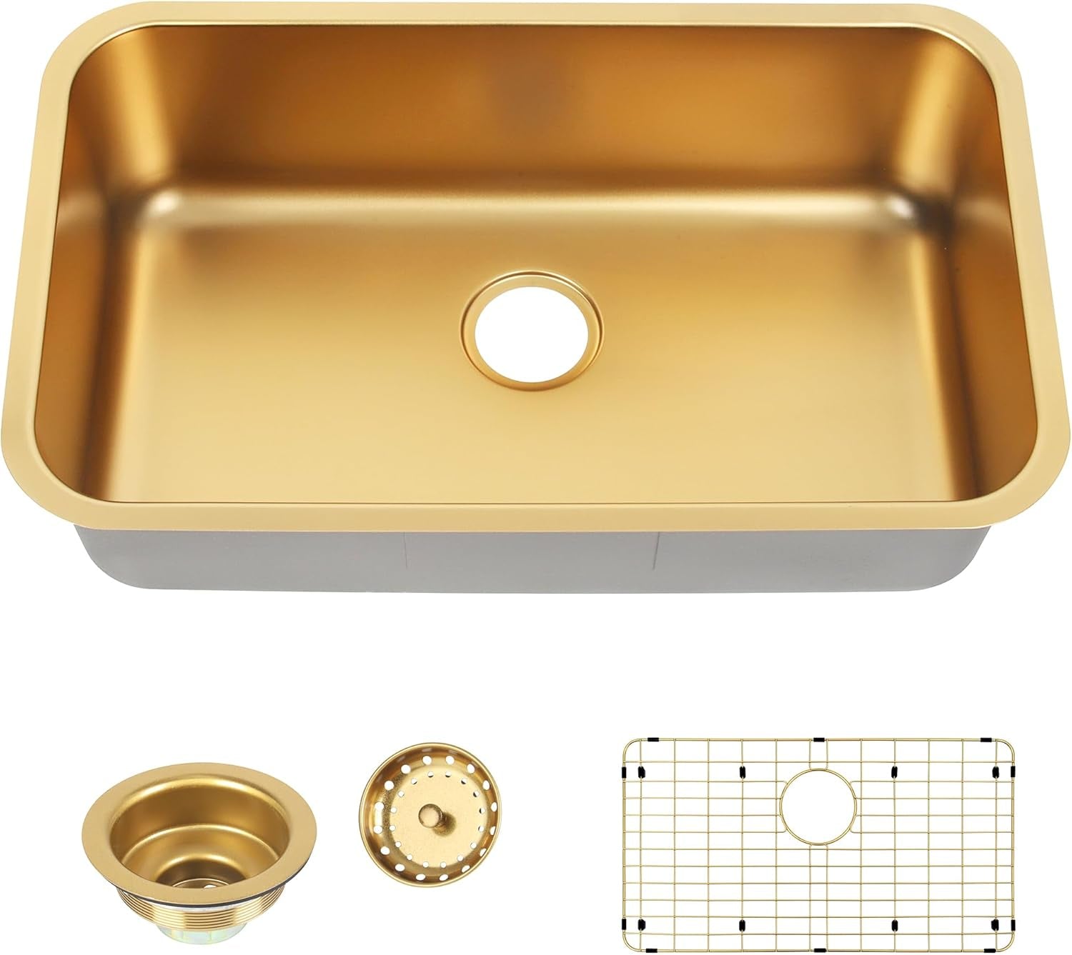 Gold Kitchen Sink 30 Inch, SUS304 Stainless Steel Undemount Kitchen Sinks, 30" X 18" X 9" Large and Deep Single Bowl Kitchen Sinks with Grid and Sink Drain Assembly