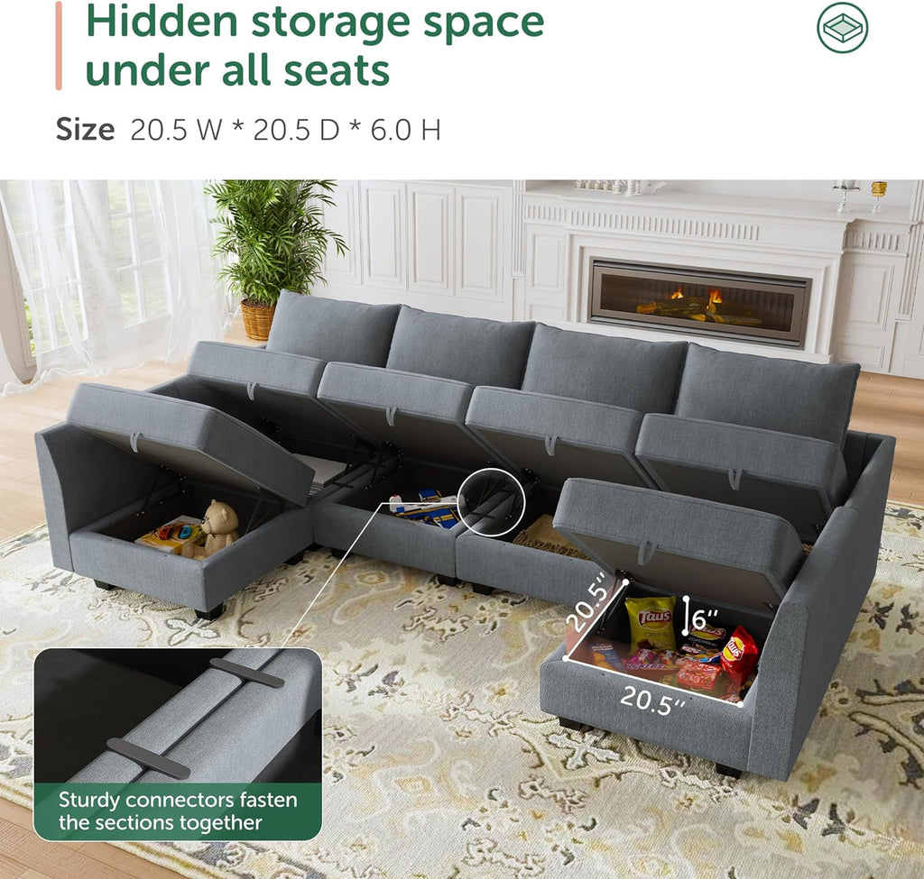 Modular U-Shaped Sectional Sofa with Reversible Chaise and Storage in Bluish Grey