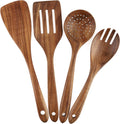 4-Piece Wooden Cooking Utensil Set for Non-Stick Cookware - Includes Spatula, Fork, Turner, Ladle, and Strainer Spoons