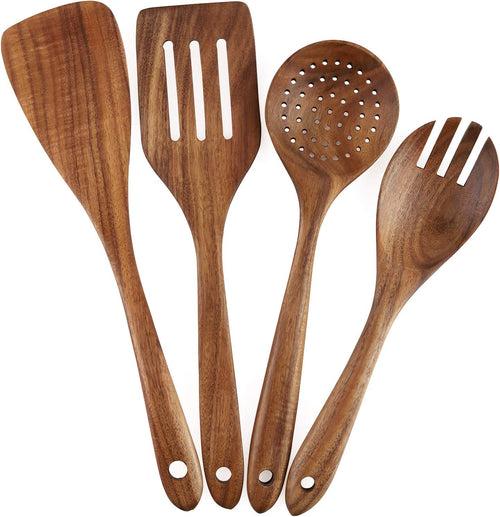 4-Piece Wooden Cooking Utensil Set for Non-Stick Cookware - Includes Spatula, Fork, Turner, Ladle, and Strainer Spoons