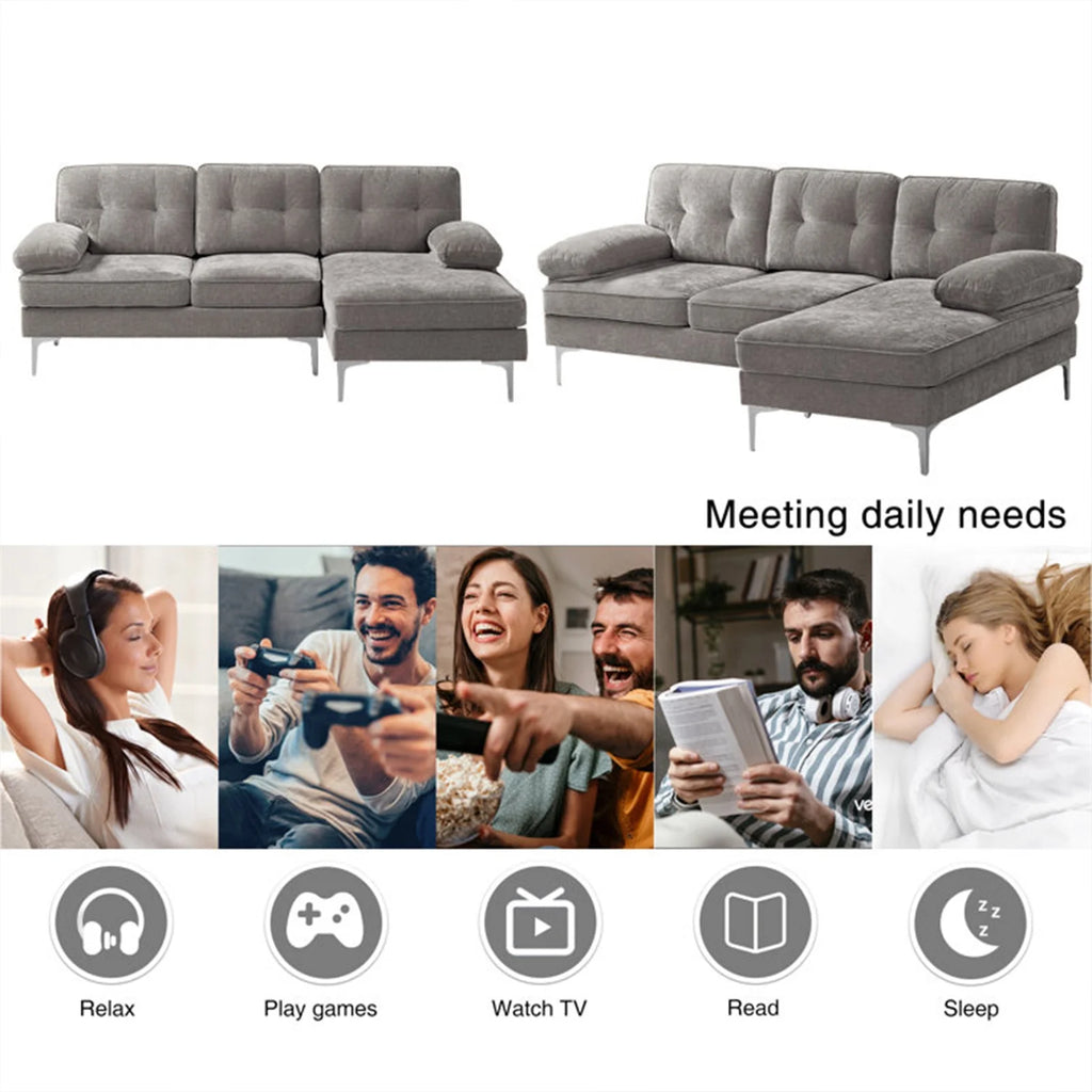 Convertible L-Shaped Sectional Sofa with Reversible Chaise Lounge in Gray Chenille Fabric, Ideal for Living Room, Apartment, or Office, Seats 3