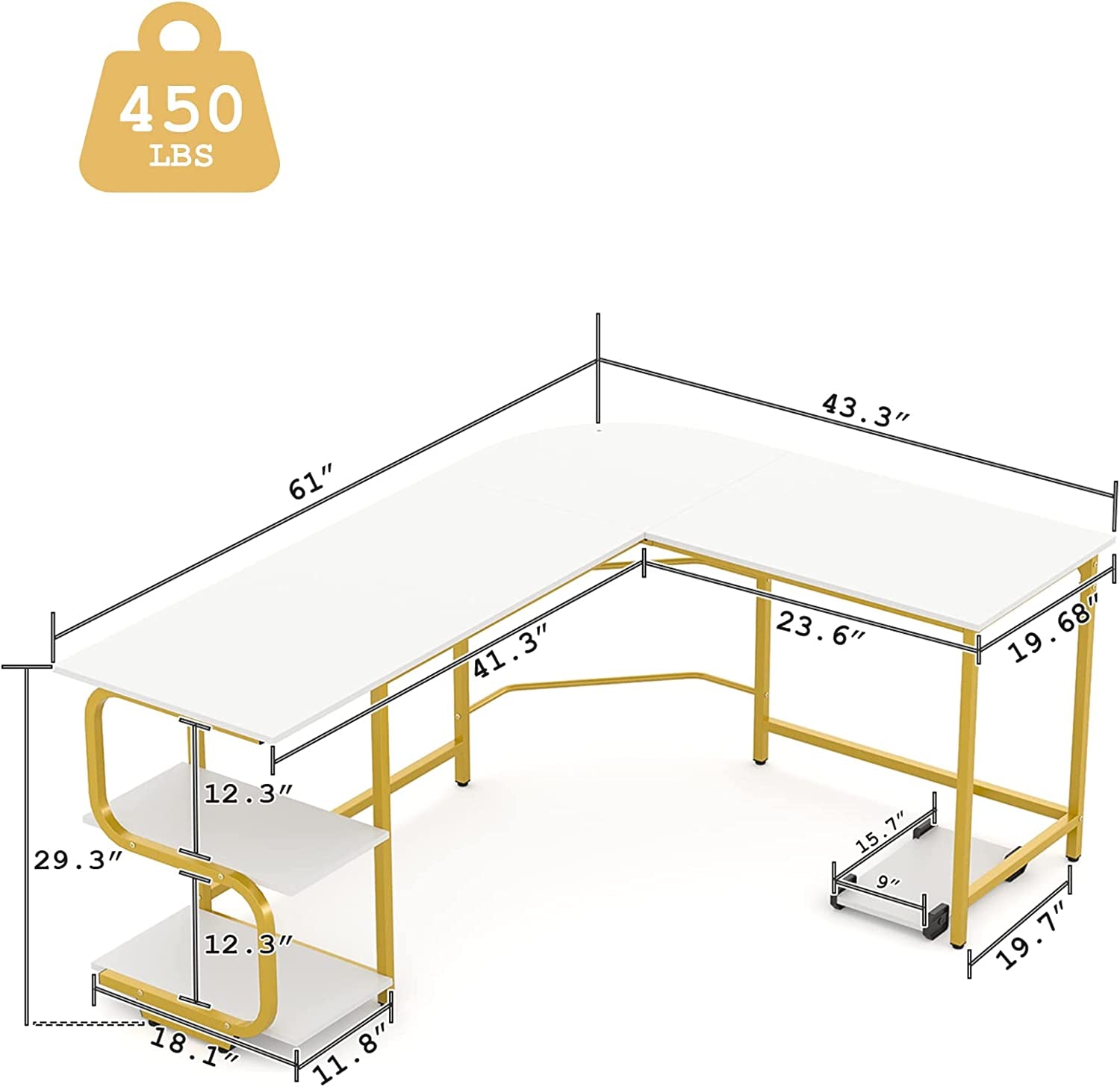 Reversible L-Shaped Desk with Ample Surface Area, 61-Inch Durable Corner Workstation with Storage Shelves, Premium Office Computer Desk for Home and Gaming Use