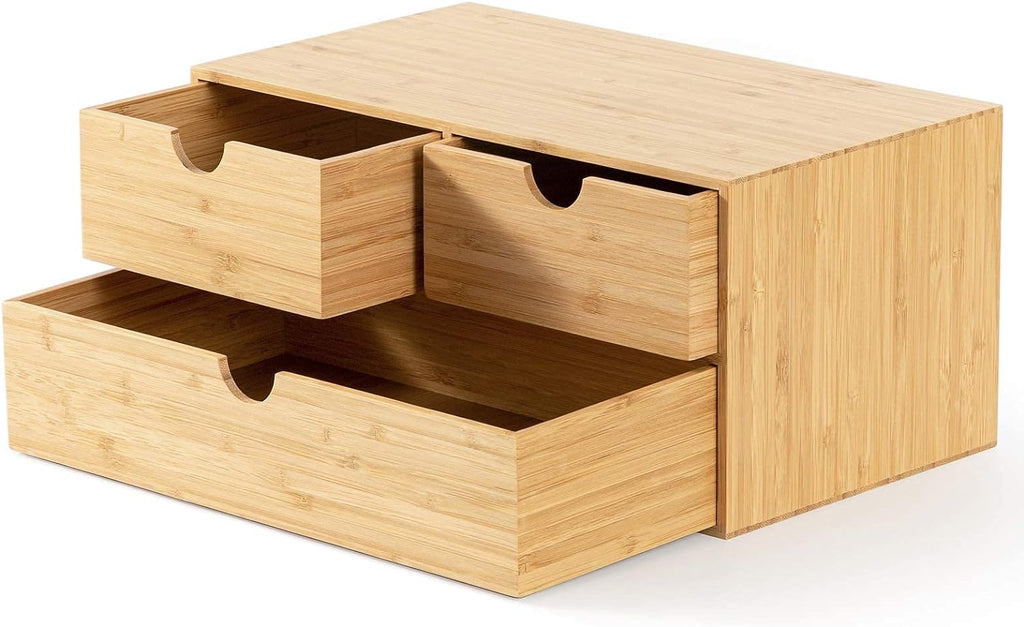 Bamboo Desk Drawer Organizer with Three Drawers for Efficient Tabletop Storage in Office and Home