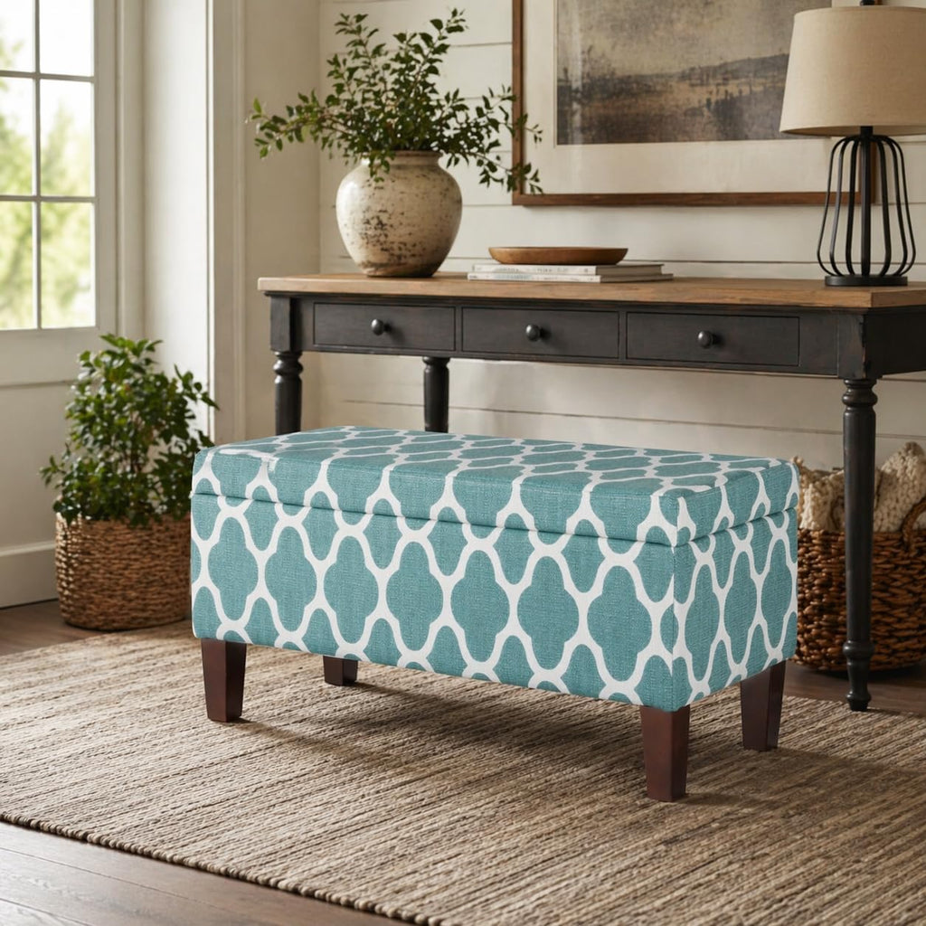 Large Teal Blue Geometric Upholstered Rectangular Storage Ottoman Bench with Hinged Lid