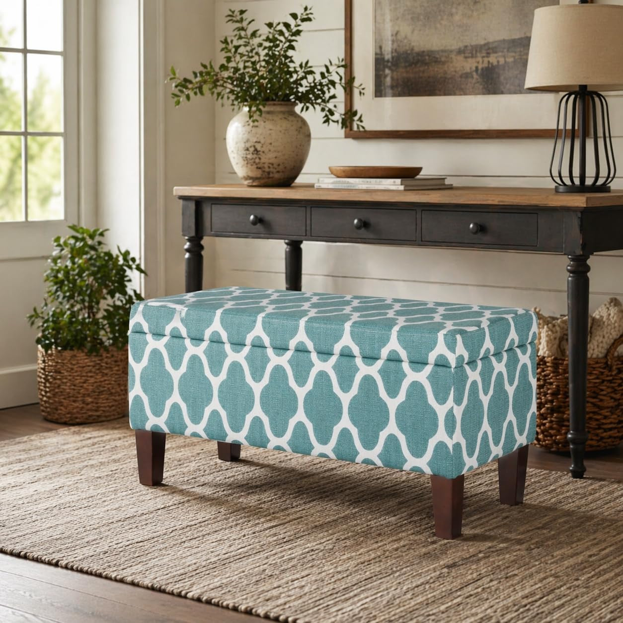Large Teal Blue Geometric Upholstered Rectangular Storage Ottoman Bench with Hinged Lid