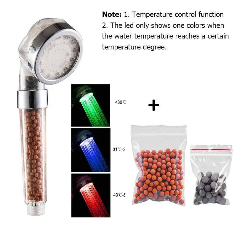 LED Shower Head High Pressure Anion Filter Water Saving Showerhead Temperature Control Colorful Light Handheld Big Rain Shower