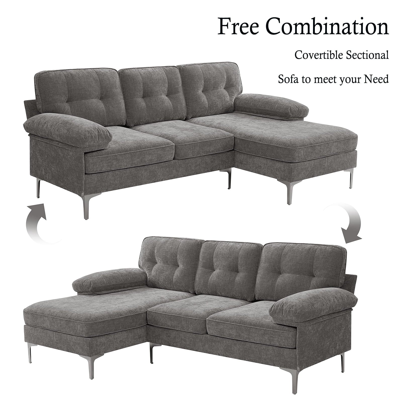 Convertible L-Shaped Sectional Sofa with Reversible Chaise Lounge in Gray Chenille Fabric, Ideal for Living Room, Apartment, or Office, Seats 3